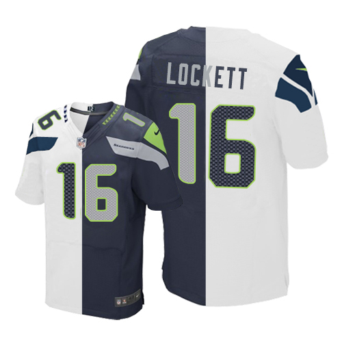 Men's Elite Tyler Lockett Nike Jersey Navy/White - #16 Split Fashion NFL Seattle Seahawks